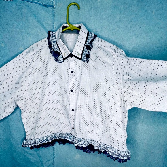 Navy and White Polka Dot Button Down Crop Top Shirt w/ Lace Trim - Picture 7 of 7